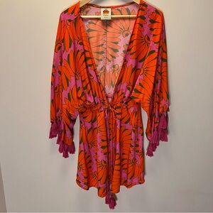 FARM Rio beach cover up. Tie front w tassels, pink and orange banana print, M